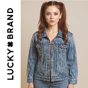Y2K Lucky Brand Denim Trucker Blue Jean Jacket Blue Faded Zip Size XL